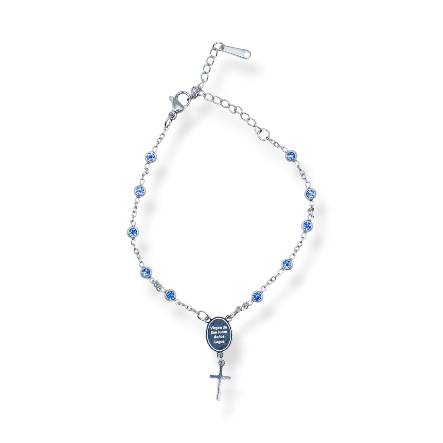 PULSERA PLATEADA TIPO ROSARIO ZIRCONIAS Y CRUZ COLGANTE