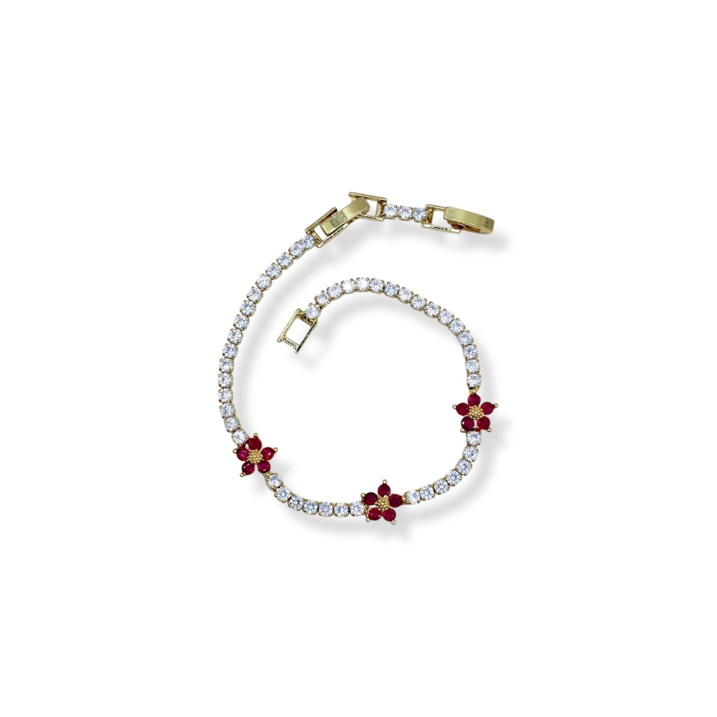 PULSERA FLORES ROJAS Y ZIRCONIAS