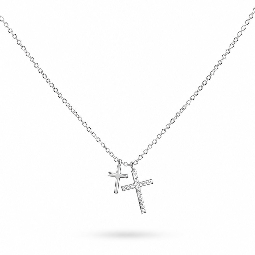 COLLAR DOS CRUCES LISA Y CON ZIRCONIAS PLATA .925