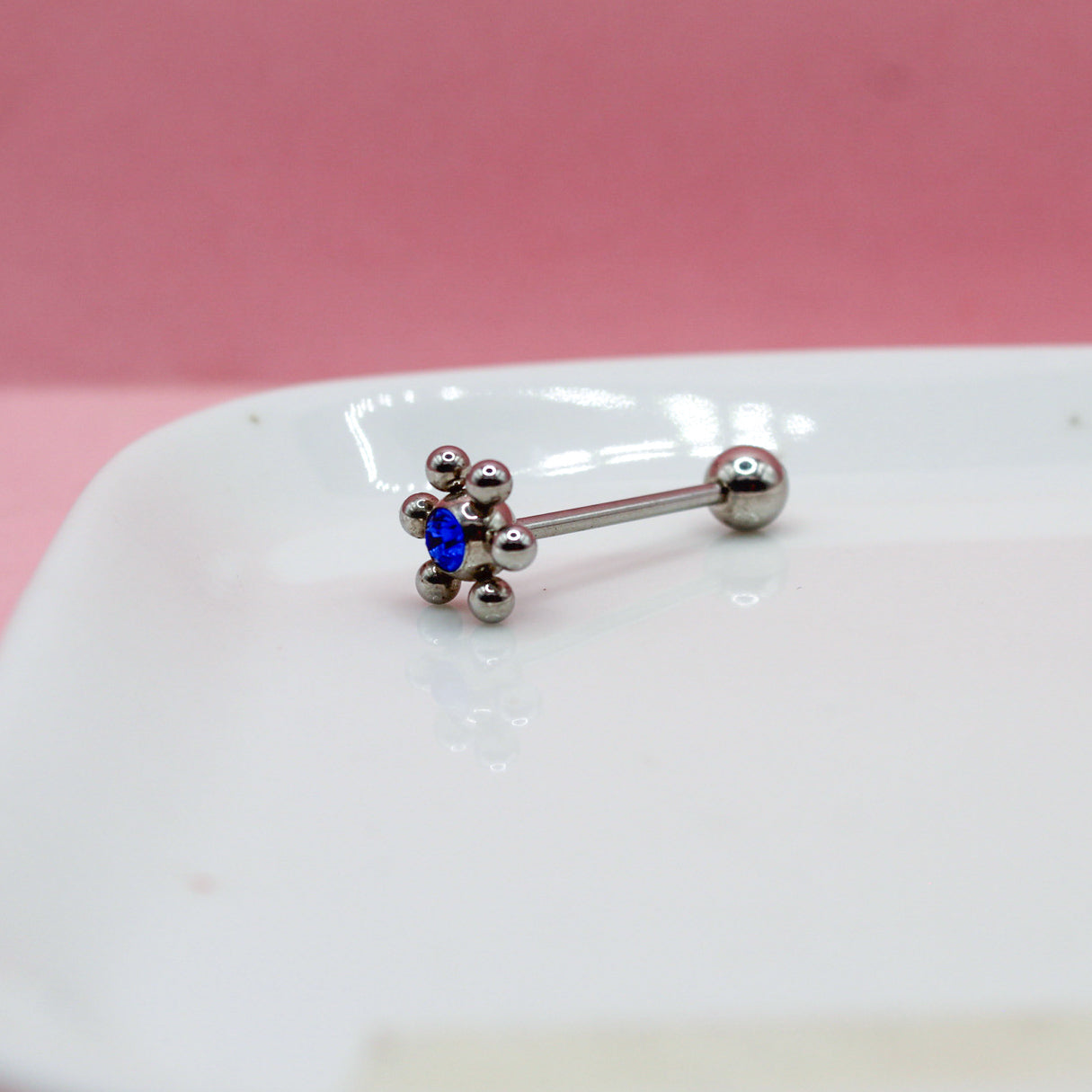 PIERCING RECTO PLATEADO BOLITAS LISA CON ZIRCONIA AZUL Y BOLA GRANDE 316L