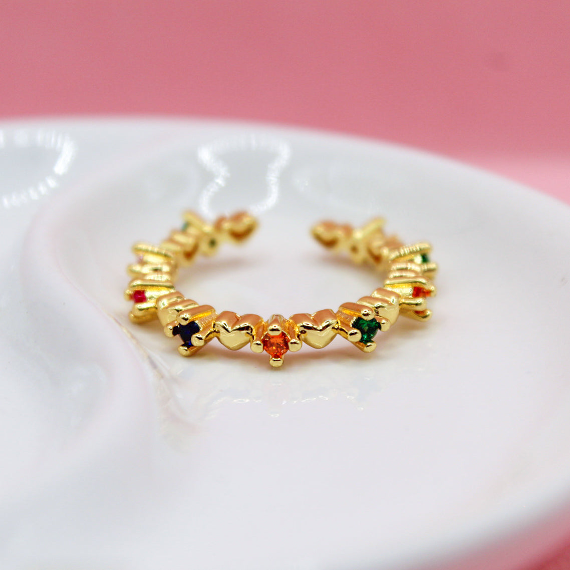 ANILLO CORAZONES LISOS CON ZIRCONIAS DE COLORES