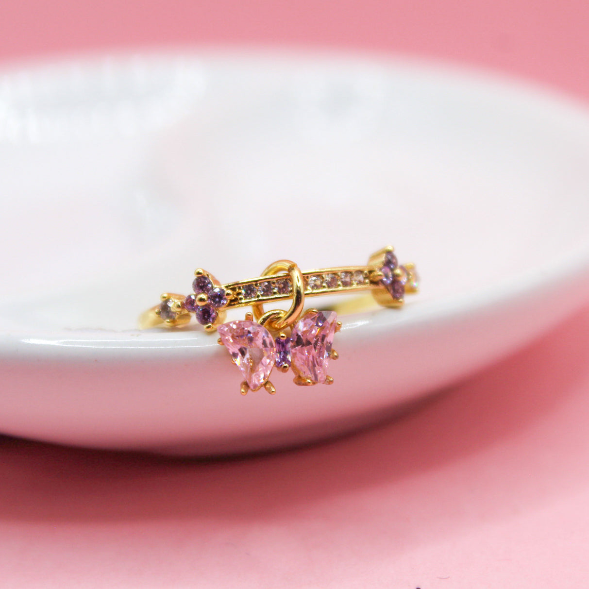 ANILLO MARIPOSA COLGANTE ZIRCONIA ROSA