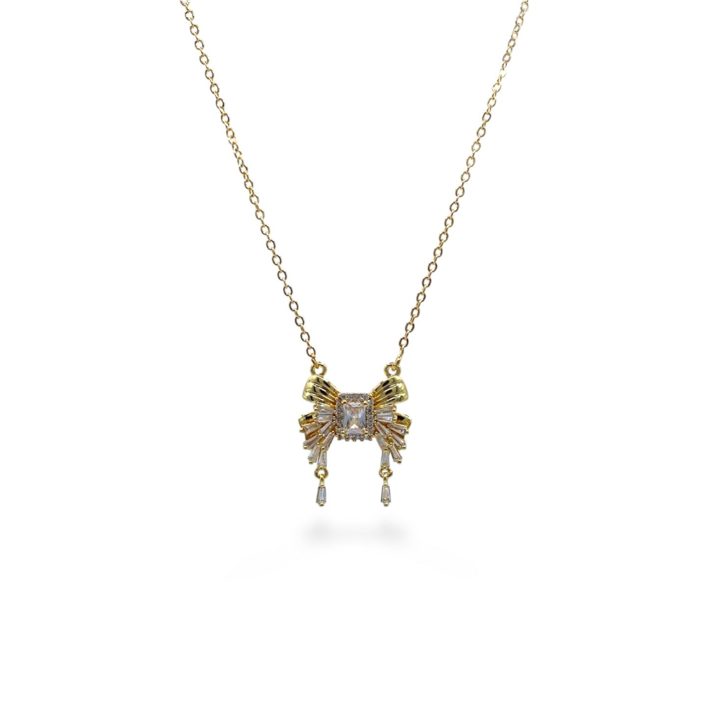 COLLAR MOÑO CON ZIRCONIA CUADRADA Y ZIRCONIAS COLGANTES