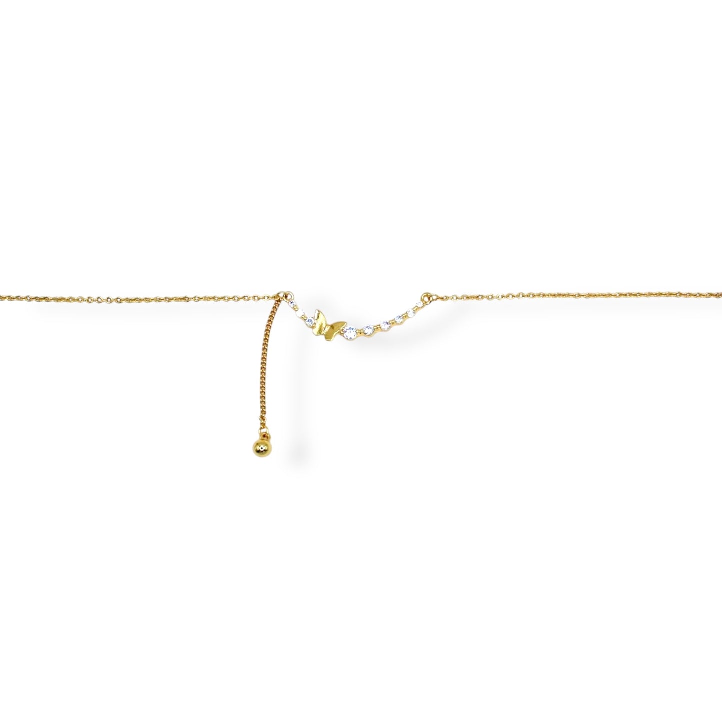 TOBILLERA CURVEADA DE MARIPOSA CON ZIRCONIAS Y BOLITA LISA COLGANTE