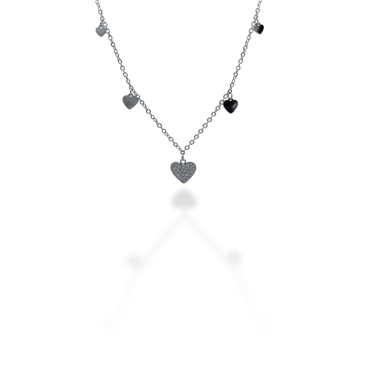 COLLAR PLATEADO CORAZON ZIRCONIA Y CORAZONES