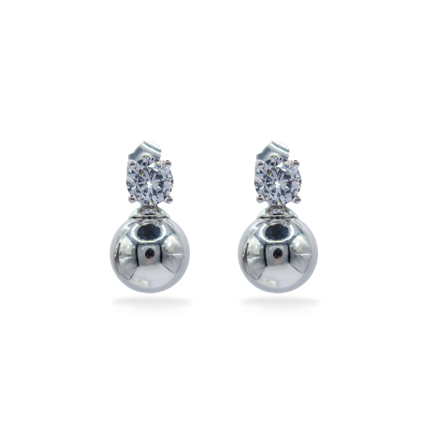 ARETES PLATEADOS ZIRCONIA REDONDA CON BOLA LISA