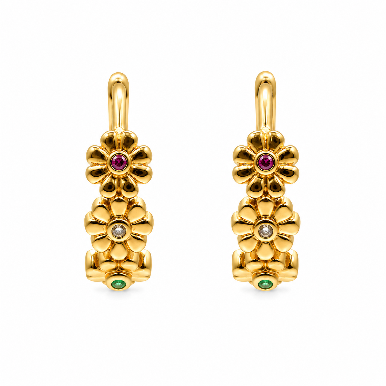 ARRACADA FLORES ZIRCONIA CENTRO ROSA BLANCA Y VERDE