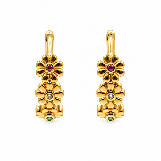 ARRACADA FLORES ZIRCONIA CENTRO ROSA BLANCA Y VERDE