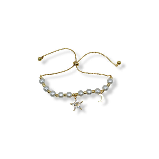 PULSERA PERLAS ESTRELLA ZIRCONIA Y LUNA