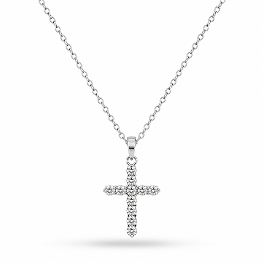 COLLAR PLATEADO CRUZ ONCE ZIRCONIAS