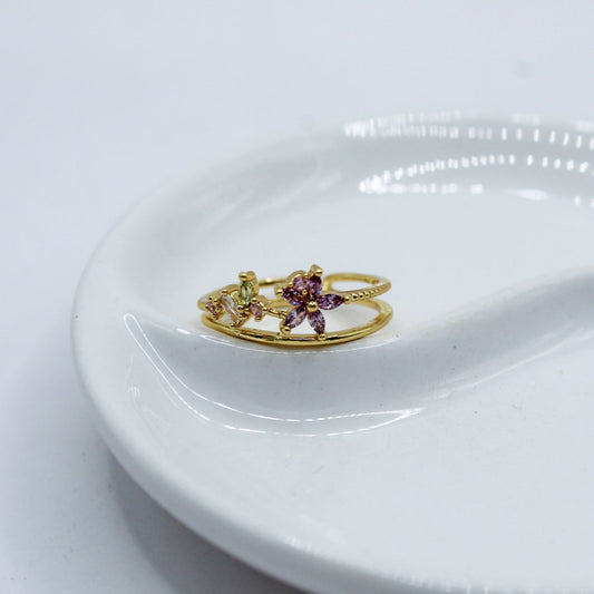 ANILLO FLOR LILA ZIRCONIA VERDE BLANCA Y ROSAS
