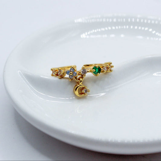 ANILLO MARIPOSA AZUL ZIRCONIAS BLANCAS CON VERDE Y LUNA COLGANTE