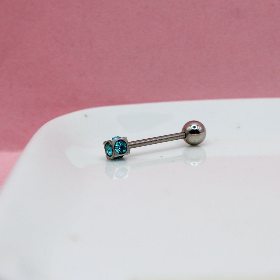 PIERCING RECTO CON CUBO Y ZIRCONIAS AZULES BOLA GRANDE 316L