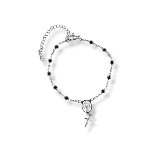 PULSERA PLATEADA TIPO ROSARIO ZIRCONIAS Y CRUZ COLGANTE
