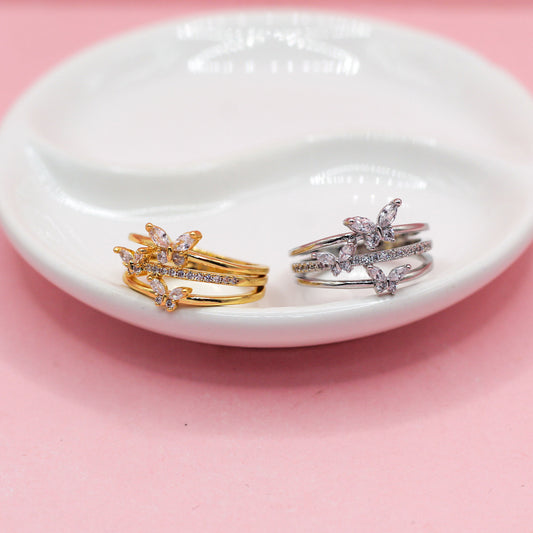 ANILLO TRES BANDAS TRES MARIPOSAS ZIRCONIAS