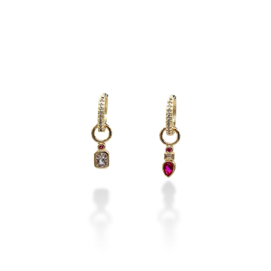 HUGGIE ZIRCONIA CUADRADA BLANCA Y ZIRCONIA ROSA GOTA