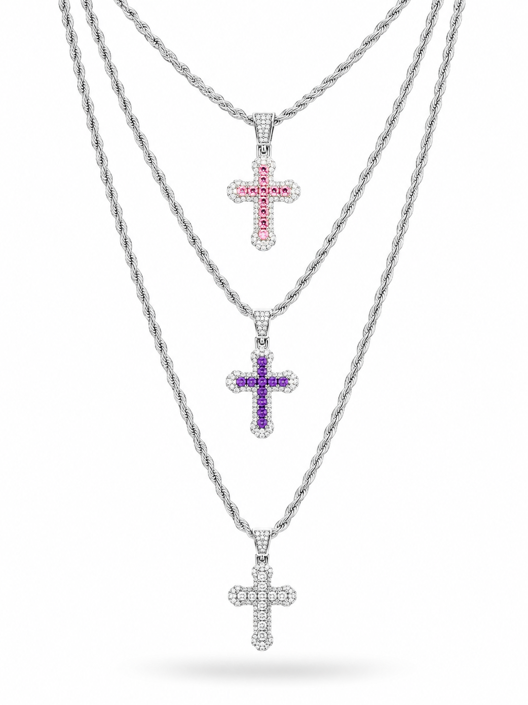 COLLAR PLATEADO CRUZ CHUNKY ZIRCONIAS COLOR CENTRO