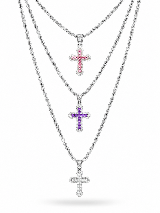 COLLAR PLATEADO CRUZ CHUNKY ZIRCONIAS COLOR CENTRO
