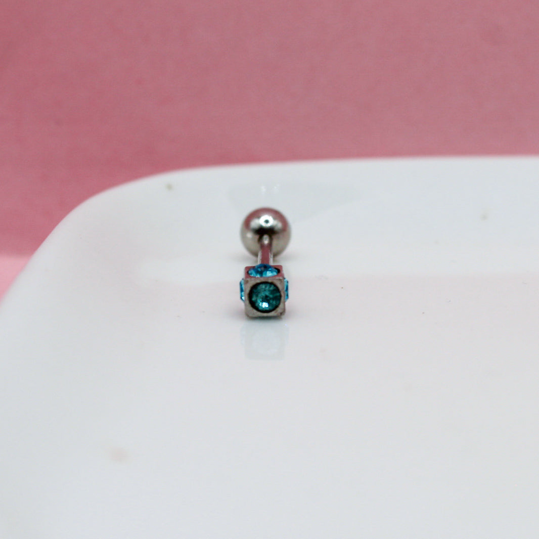 PIERCING RECTO CON CUBO Y ZIRCONIAS AZULES BOLA GRANDE 316L