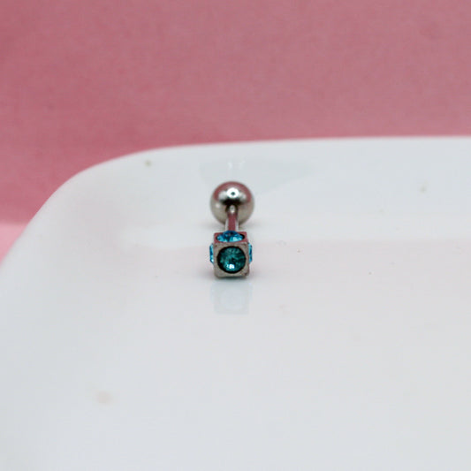 PIERCING RECTO CON CUBO Y ZIRCONIAS AZULES BOLA GRANDE 316L
