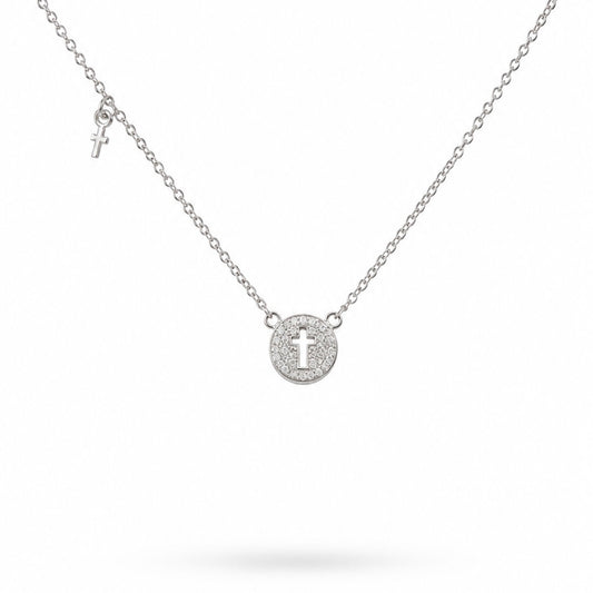 COLLAR CIRCULO CON ZIRCONIAS CRUZ HUECA ENMEDIO Y MINI CRUZ PLATA .925