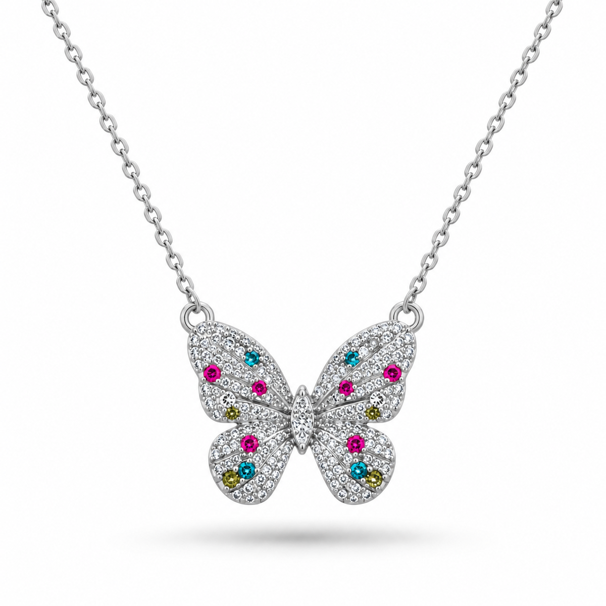 COLLAR MARIPOSA PIEDRAS ROSAS VERDES Y TURQUESAS