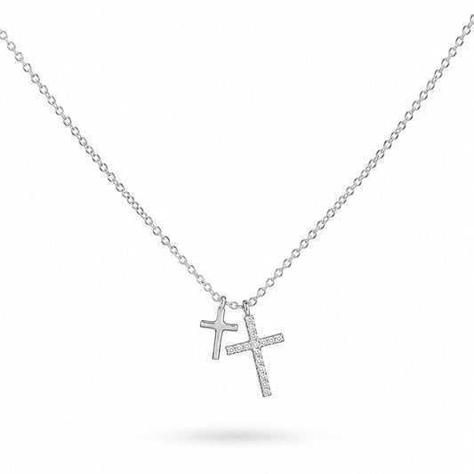 COLLAR DOS CRUCES LISA Y CON ZIRCONIAS PLATA .925