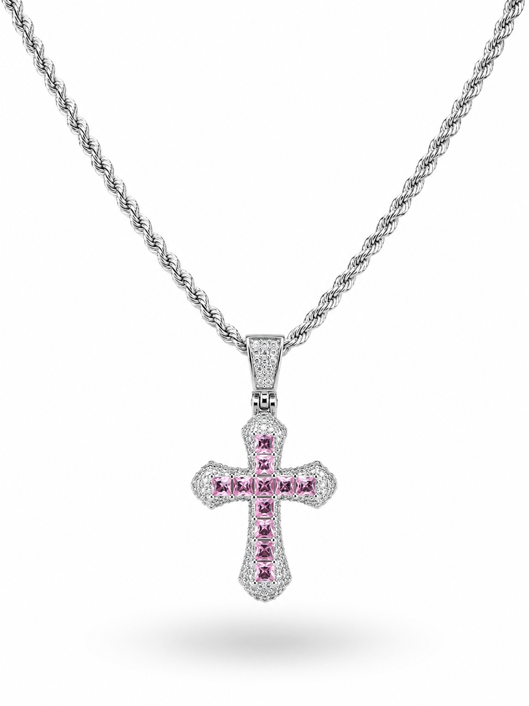 COLLAR PLATEADO CRUZ CHUNKY ZIRCONIAS COLOR CENTRO