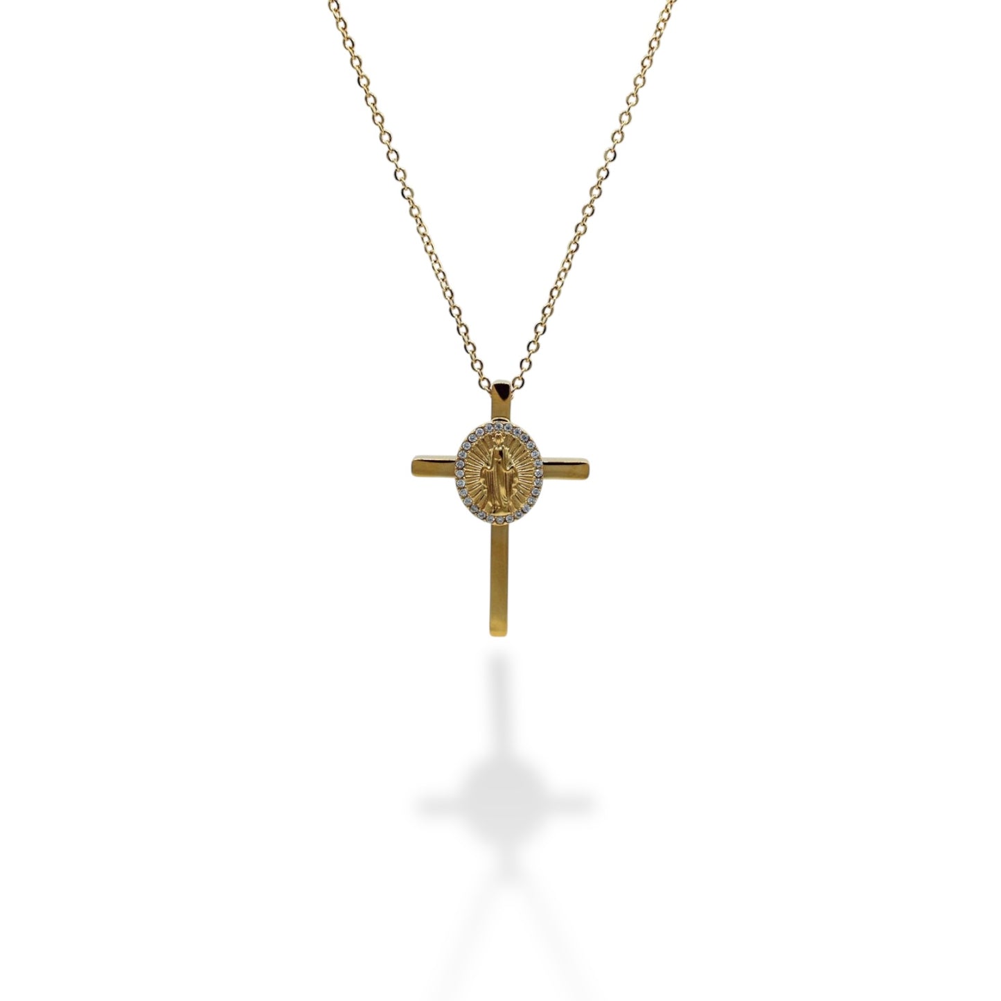 COLLAR CRUZ GRANDE VIRGEN EN MEDIO CON ZIRCONIAS