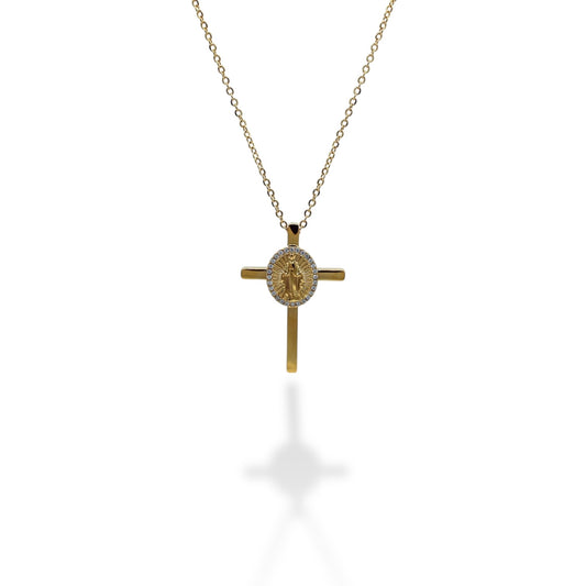 COLLAR CRUZ GRANDE VIRGEN EN MEDIO CON ZIRCONIAS