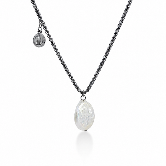 COLLAR PLATEADO PERLA DIJE SAN BENITO