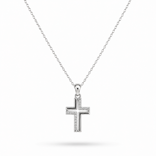 COLLAR CRUZ HUECA CON ZIRCONIAS PLATA .925