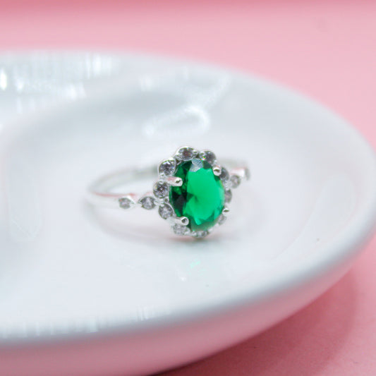 ANILLO ZIRCONIA VERDE OVALADA PEQUEÑA .925