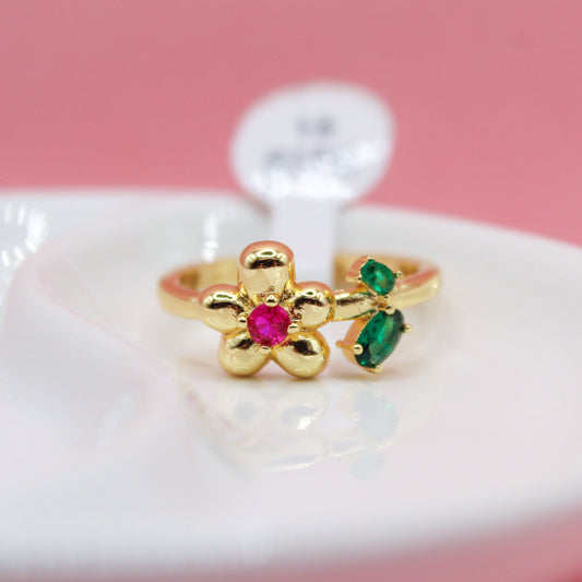 ANILLO FLOR ZIRCONIA ROSA Y HOJAS ZIRCONIAS VERDES