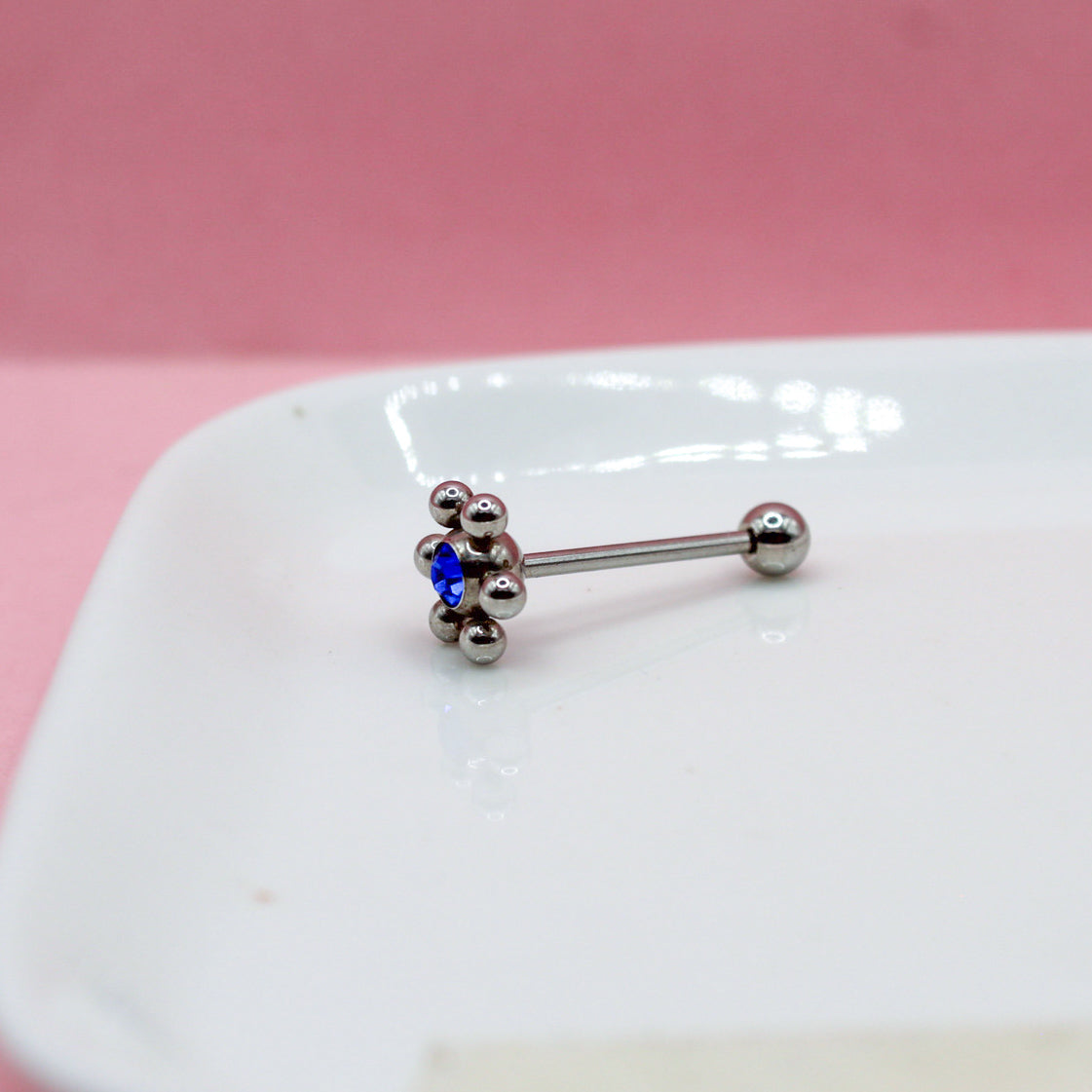 PIERCING RECTO PLATEADO BOLITAS LISA CON ZIRCONIA AZUL 316L