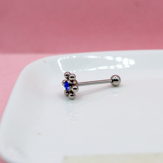 PIERCING RECTO PLATEADO BOLITAS LISA CON ZIRCONIA AZUL 316L