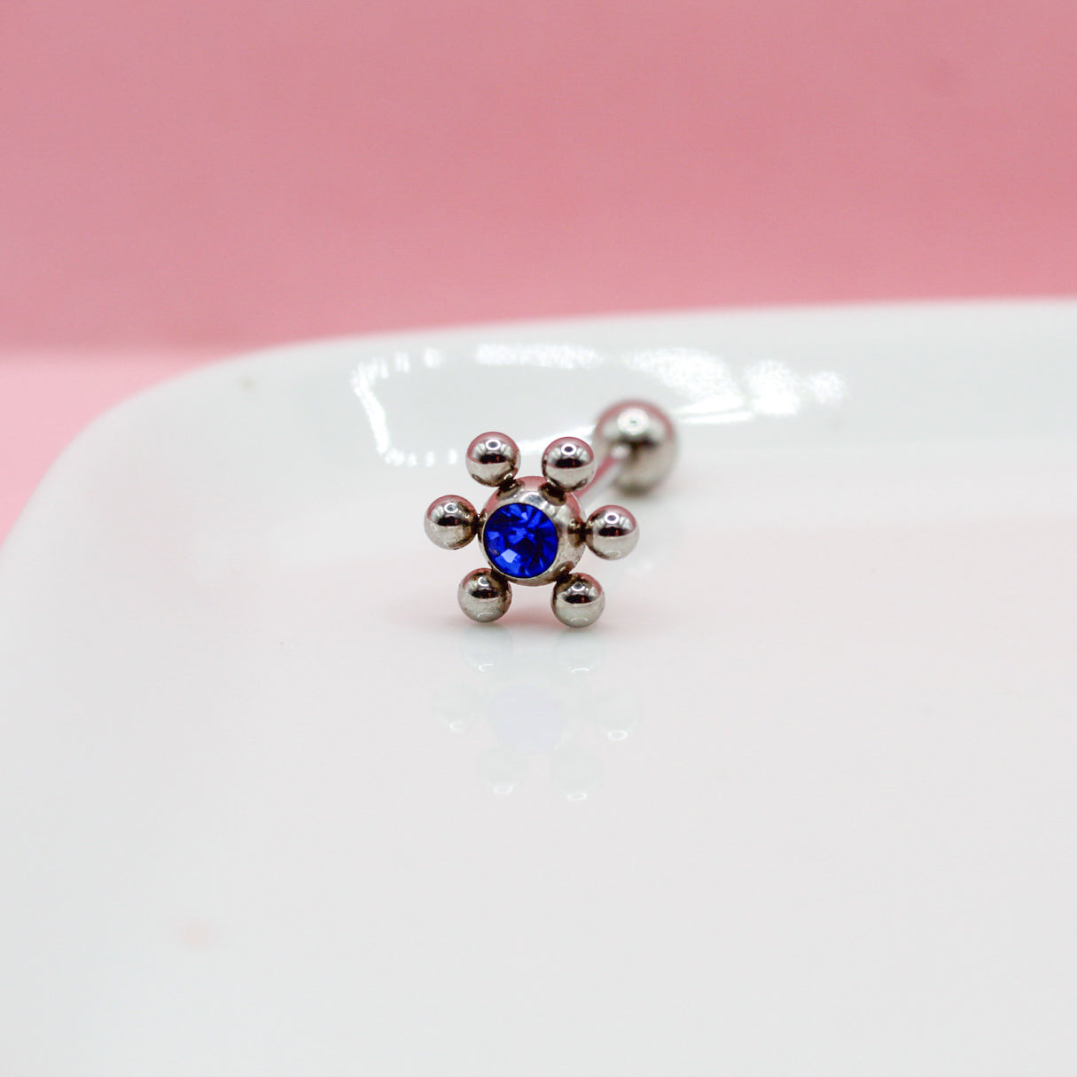PIERCING RECTO PLATEADO BOLITAS LISA CON ZIRCONIA AZUL 316L