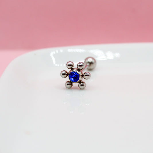 PIERCING RECTO PLATEADO BOLITAS LISA CON ZIRCONIA AZUL Y BOLA GRANDE 316L