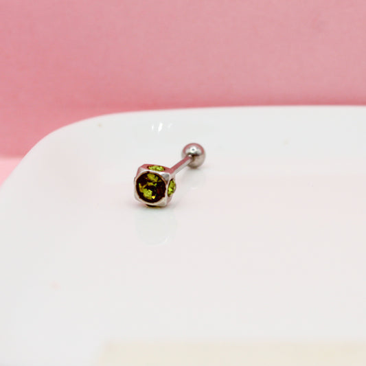 PIERCING PLATEADO RECTO CUADRADO ZIRCONIAS VERDES BOLA MEDIANA 316L