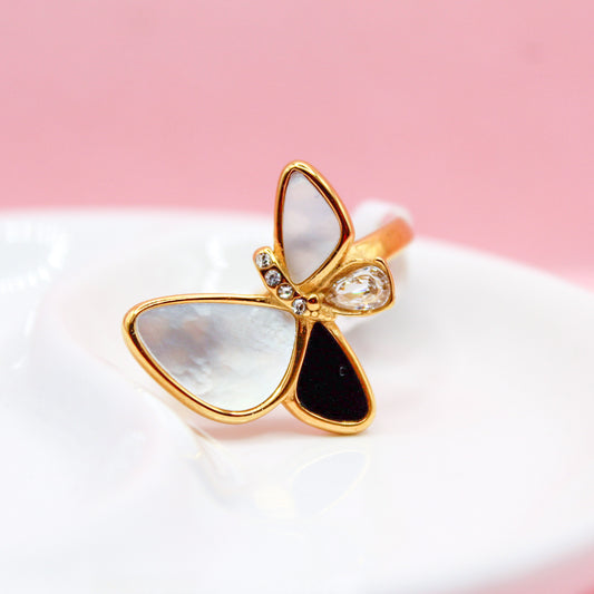 ANILLO MARIPOSA BLANCO CON NEGRO Y ZIRCONIA
