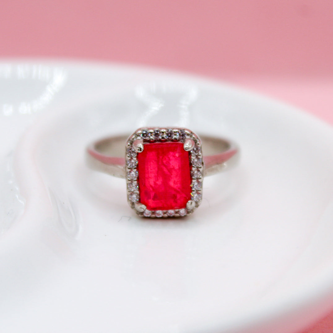 ANILLO PARAIBA ROJA CUADRADA PLATA ITALIANA .925