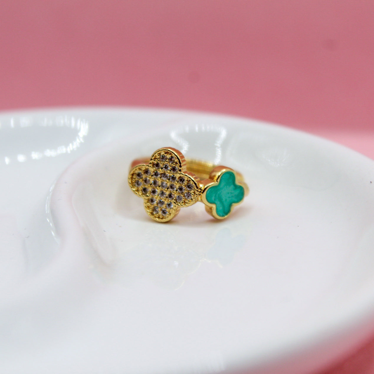 EARCUFF DOBLE TRÊBOL, ZIRCONIAS Y TURQUESA