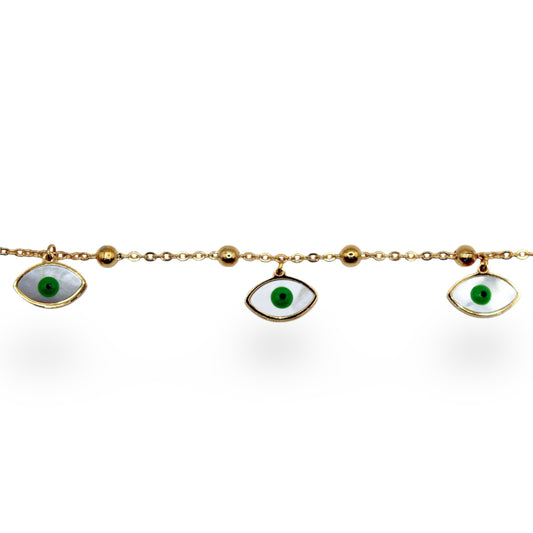 PULSERA OJITOS VERDES CON BOLITA DORADA