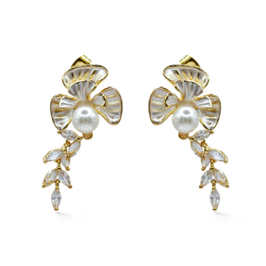 ARETES FLOR BLANCA ZIRCONIAS COLGANTES