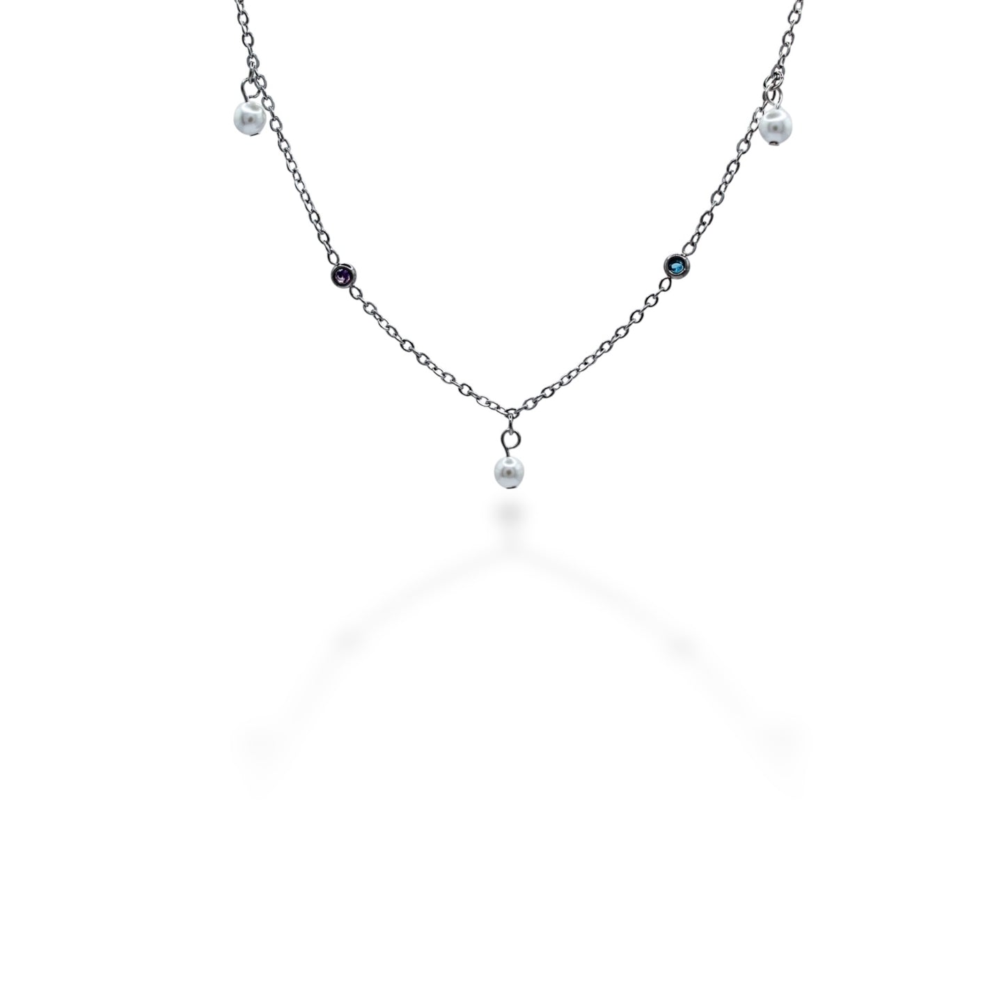 COLLAR PLATEADO CON PERLAS Y ZIRCONIAS AZUL Y MORADA