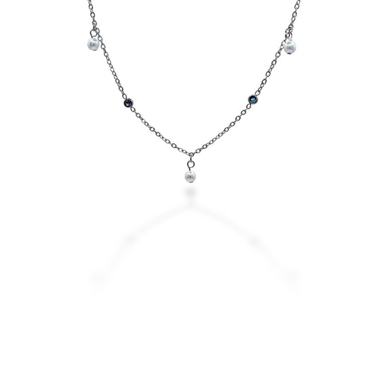 COLLAR PLATEADO CON PERLAS Y ZIRCONIAS AZUL Y MORADA