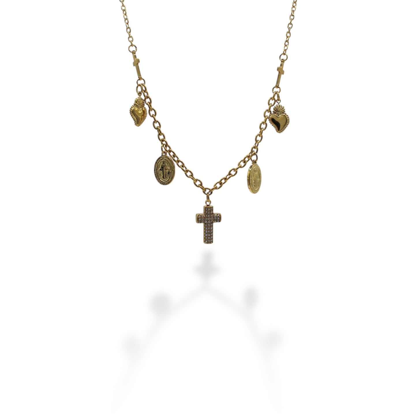 COLLAR CHARMS CRUZ ZIRCONIAS SAN BENITO Y CORAZON