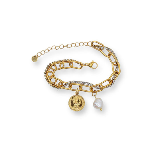 PULSERA DOBLE ZIRCONIAS CON MONEDA Y PERLA COLGANTE