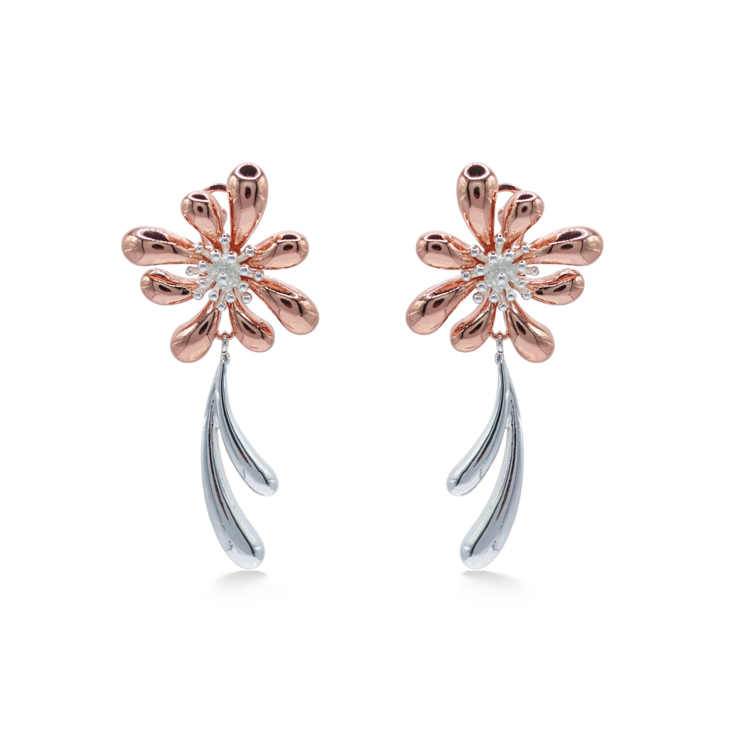 ARETES FLOR MIXTA ROSE GOLD Y PLATEADA