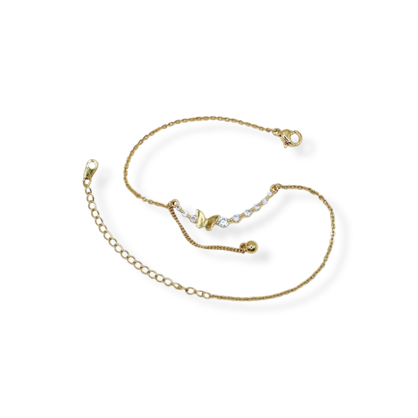 TOBILLERA CURVEADA DE MARIPOSA CON ZIRCONIAS Y BOLITA LISA COLGANTE